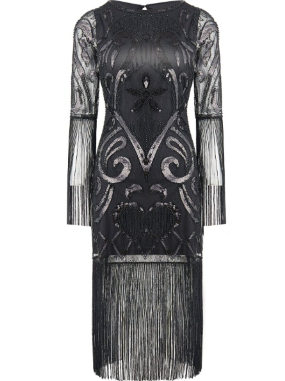 BABEYOND XL 1920s Flapper Dress Black Sequin Fringe Great Gatsby Art Deco